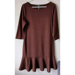 Lauren Ralph Lauren Women's Herringbone Ponte Knit Dress Brown Ruffle Size Large